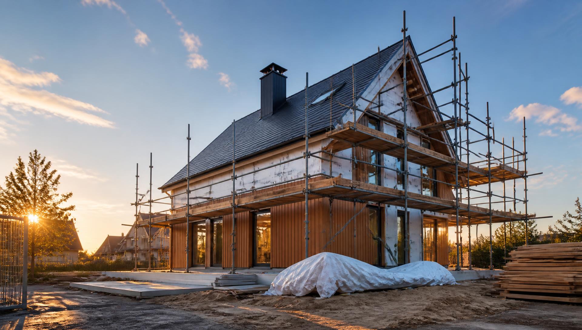Woonhuis in aanbouw met steigers van Romco Bouw